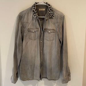 All Saints Jean Shirt w/ leopard corduroy collar